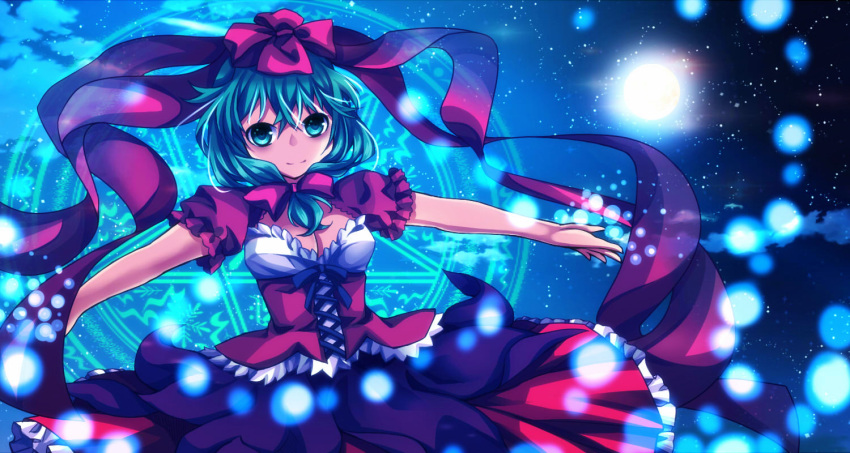 1girl, 294126499_(artist), bow, breasts, cleavage, dress, frills, front_ponytail