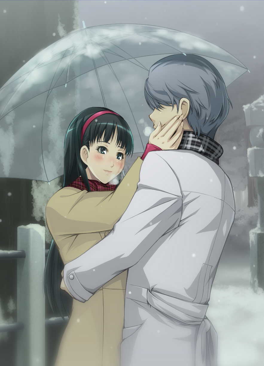1boy, 1girl, amagi_yukiko, black_eyes, black_hair, blush, coat, cold, couple, grey_hair, hairband, hand_on_another's_face, hand_on_another's_face, highres, hug, long_hair, narukami_yuu, persona, persona_4, scarf, smile, snow, snowing, taru_neko, umbrella