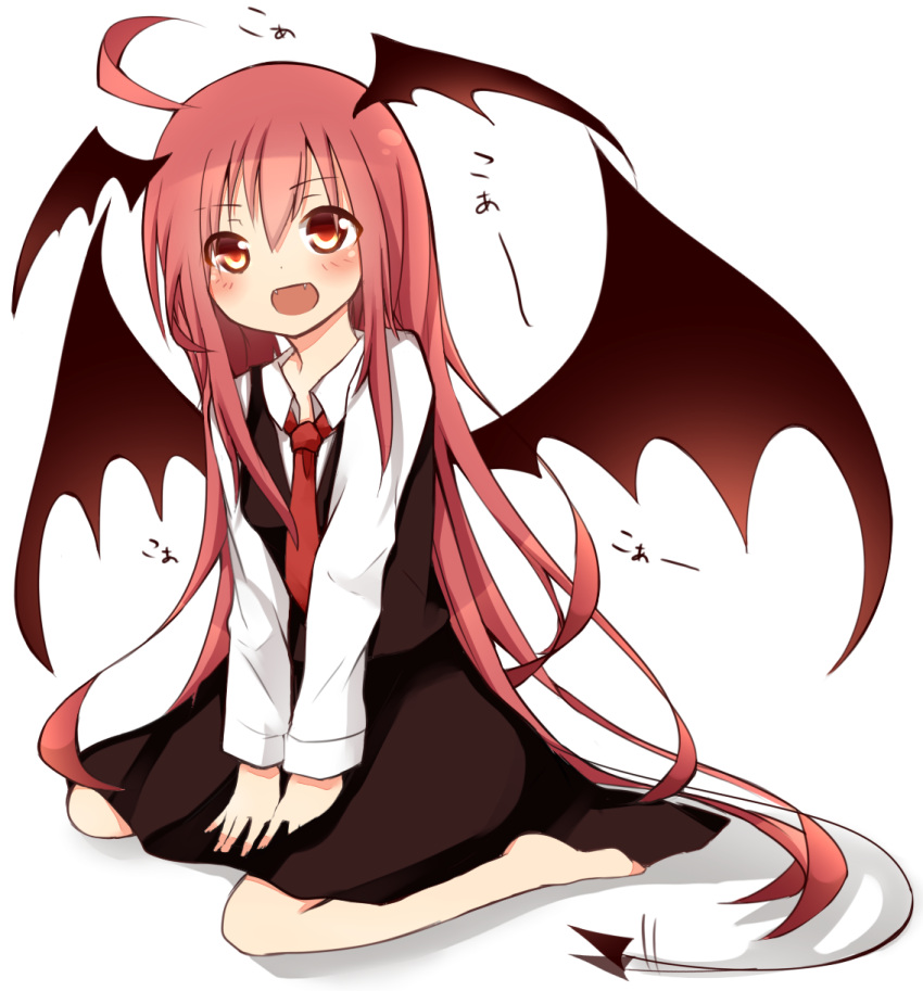 1girl, :d, ahoge, barefoot, bat_wings, blush, demon_girl, demon_tail, dress_shirt, fangs, head_wings, highres, koa_(phrase), koakuma, long_hair, long_sleeves, necktie, open_mouth, red_eyes, red_hair, redhead, shirt, simple_background, sitting, skirt, skirt_set, smile, solo, tail, tail_wagging, tosura-ayato, touhou, v_arms, very_long_hair, vest, wariza, white_background, white_shirt, wings