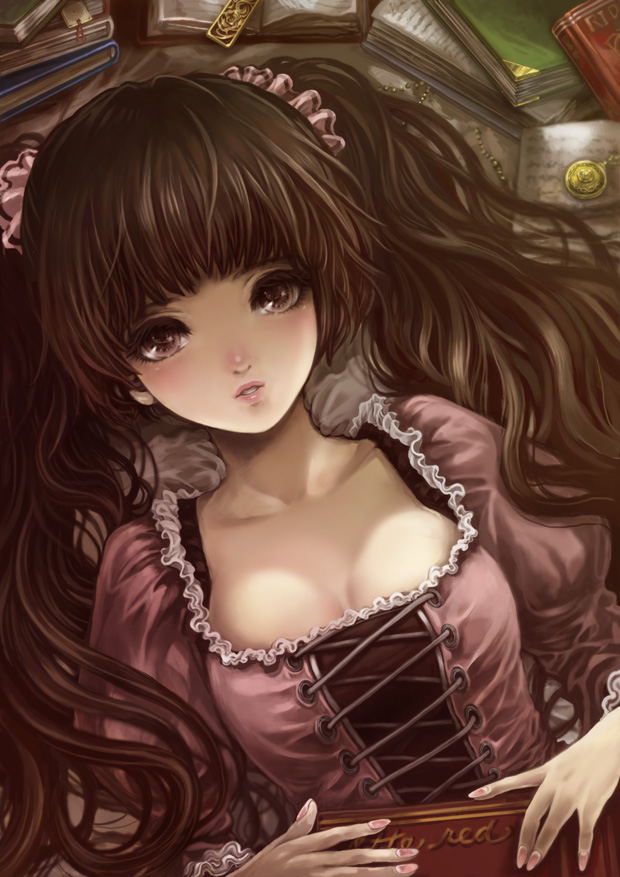 breasts, brown_eyes, brown_hair, chiko_(d04099), cleavage, dress, long_hair, nail_polish