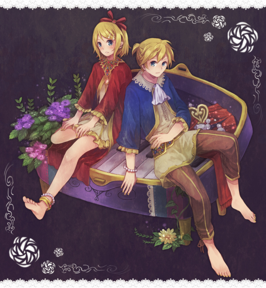 1boy, 1girl, anklet, barefoot, beads, blonde_hair, blue_eyes, blush