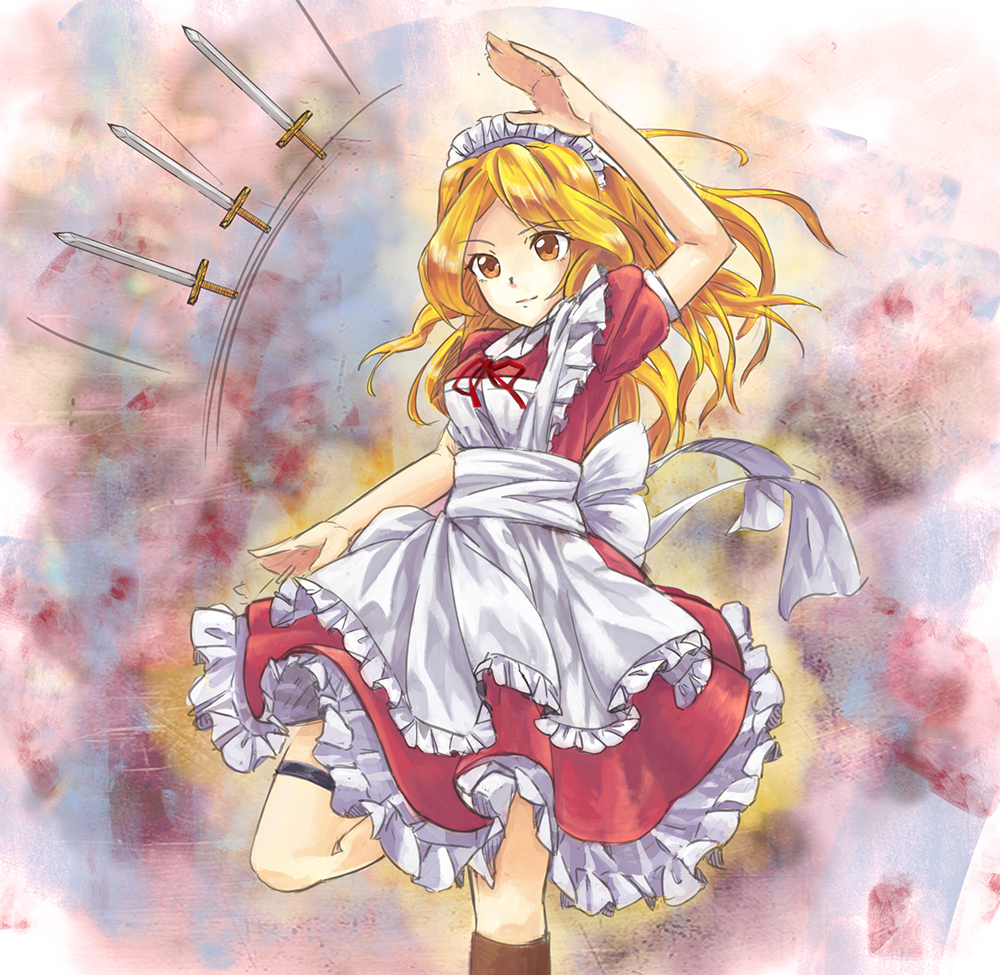1girl, blonde_hair, boots, breasts, dress, kinoto_(ruindivinity), long_hair, maid, maid_headdress, short_sword, smile, sword, touhou, touhou_(pc-98), weapon, yellow_eyes, yumeko
