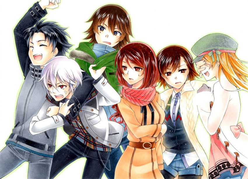 accelerator, belt, black_hair, blonde_hair, brown_eyes, brown_hair, casual, closed_eyes