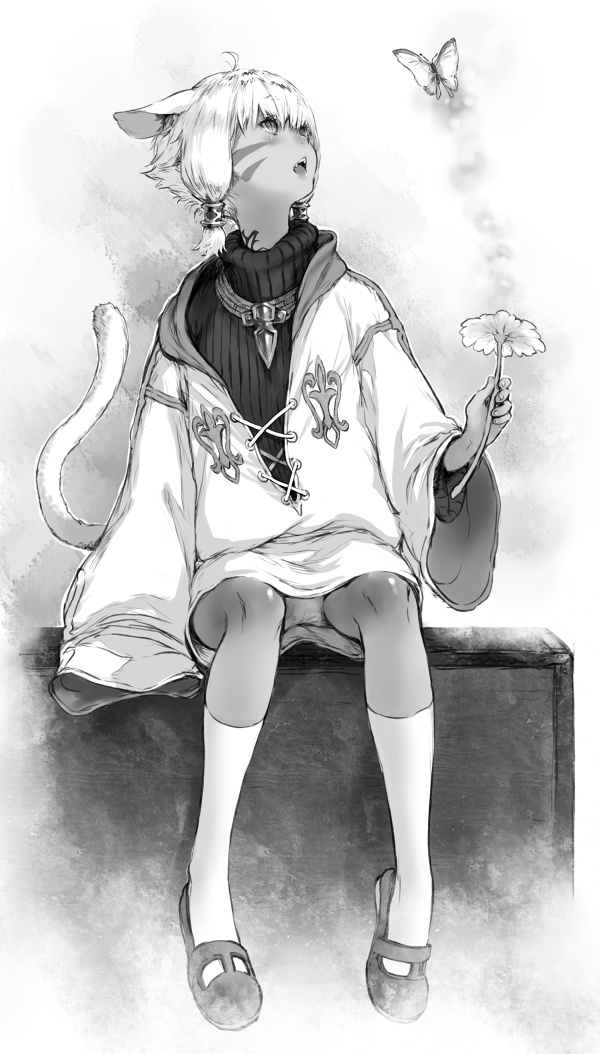 1girl, ahoge, animal_ears, butterfly, facial_mark, final_fantasy, final_fantasy_xiv, flower