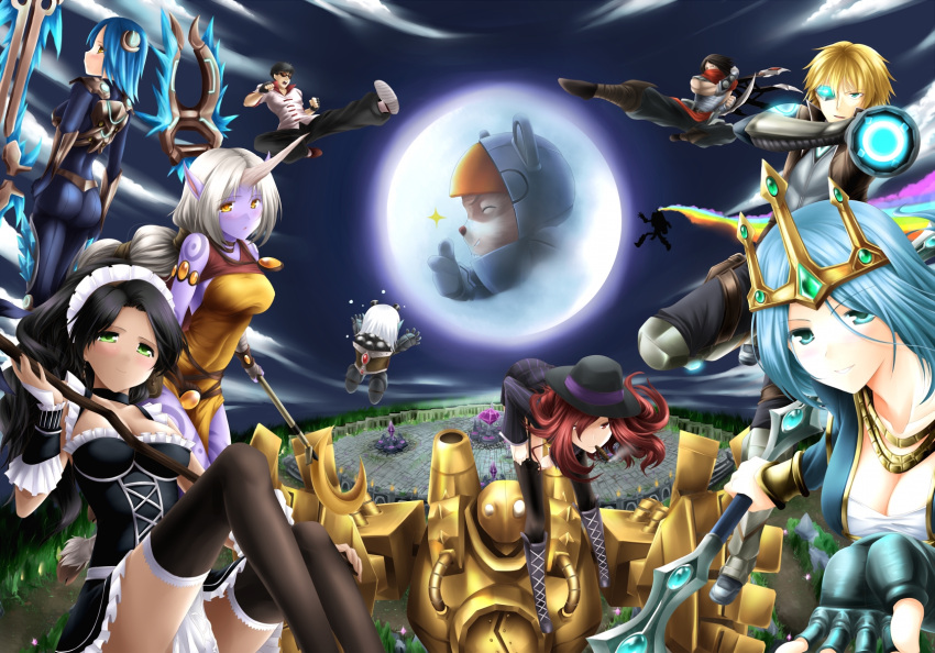 5boys, 6+girls, alternate_costume, aqua_eyes, arm_cannon, armlet, armor, ashe_(league_of_legends)