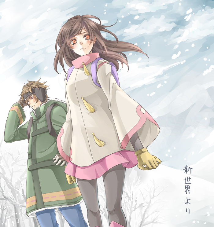 1boy, 1girl, asahina_satoru, coat, shin_sekai_yori, watanabe_saki, winter, winter_clothes