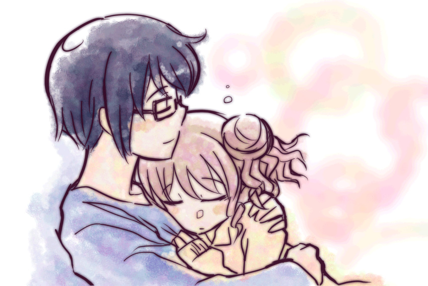 2girls, blush, closed_eyes, eyes_closed, glasses, hidamari_sketch, hiro, hug