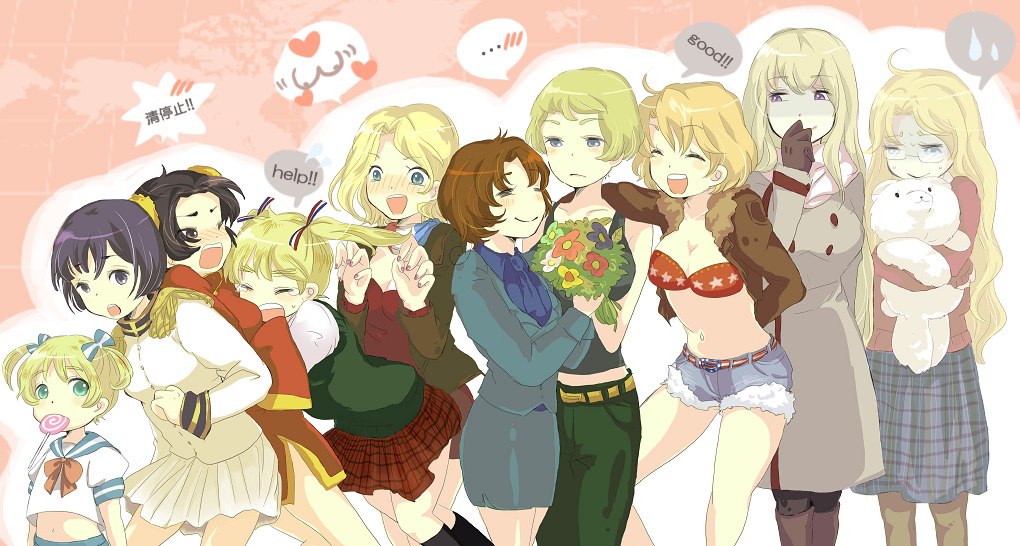 axis_powers_hetalia, blonde_hair, bra, brown_hair, canada_(hetalia), china_(hetalia), coat, france_(hetalia), genderswap, germany_(hetalia), japan_(hetalia), kumajirou_(hetalia), lingerie, nanami0606, northern_italy_(hetalia), pantyhose, ribbon, russia_(hetalia), sealand_(hetalia), underwear, united_kingdom_(hetalia)