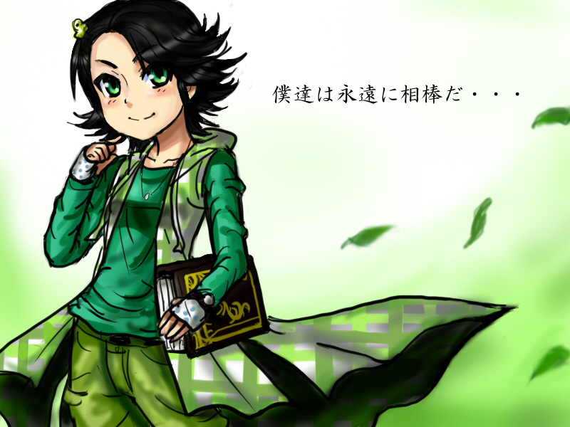 1girl, bad_id, bad_pixiv_id, black_hair, flipped_hair, genderswap, green_eyes, hair_ornament, kamen_rider, kamen_rider_w, leaf, philip_(kamen_rider), short_hair, shousaki, smile, solo