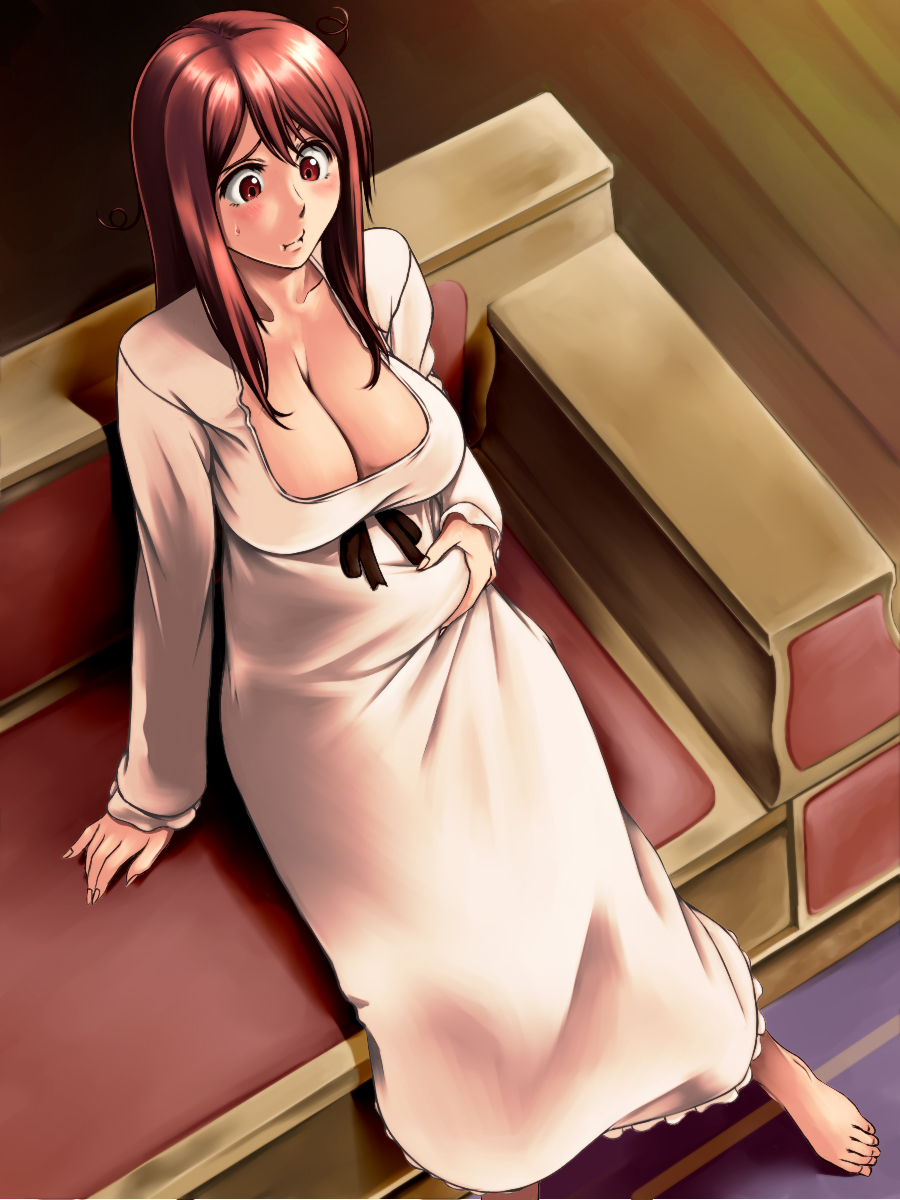 1girl, barefoot, blush, breasts, cleavage, highres, large_breasts, long_hair