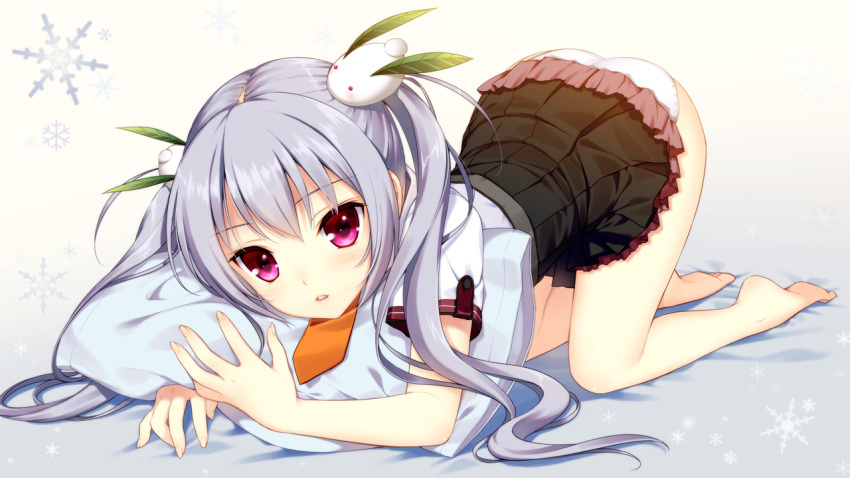 1girl, all_fours, ass, bare_legs, barefoot, hair_ornament, kamine_mashiro, lavender_hair