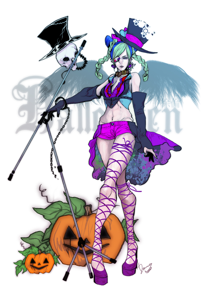 1girl, aqua_hair, black_hair, blue_eyes, braid, dasumidara, double_bun, elbow_gloves, eyepatch, gloves, halloween, hat, jojo_no_kimyou_na_bouken, kuujou_jolyne, midriff, multicolored_hair, navel, skull, solo, top_hat, two-tone_hair