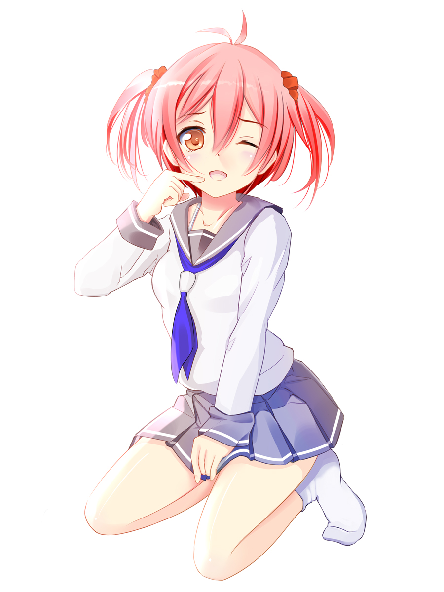 1girl, ;d, blush, brown_eyes, finger_to_mouth, highres, isshiki_akane, kneeling