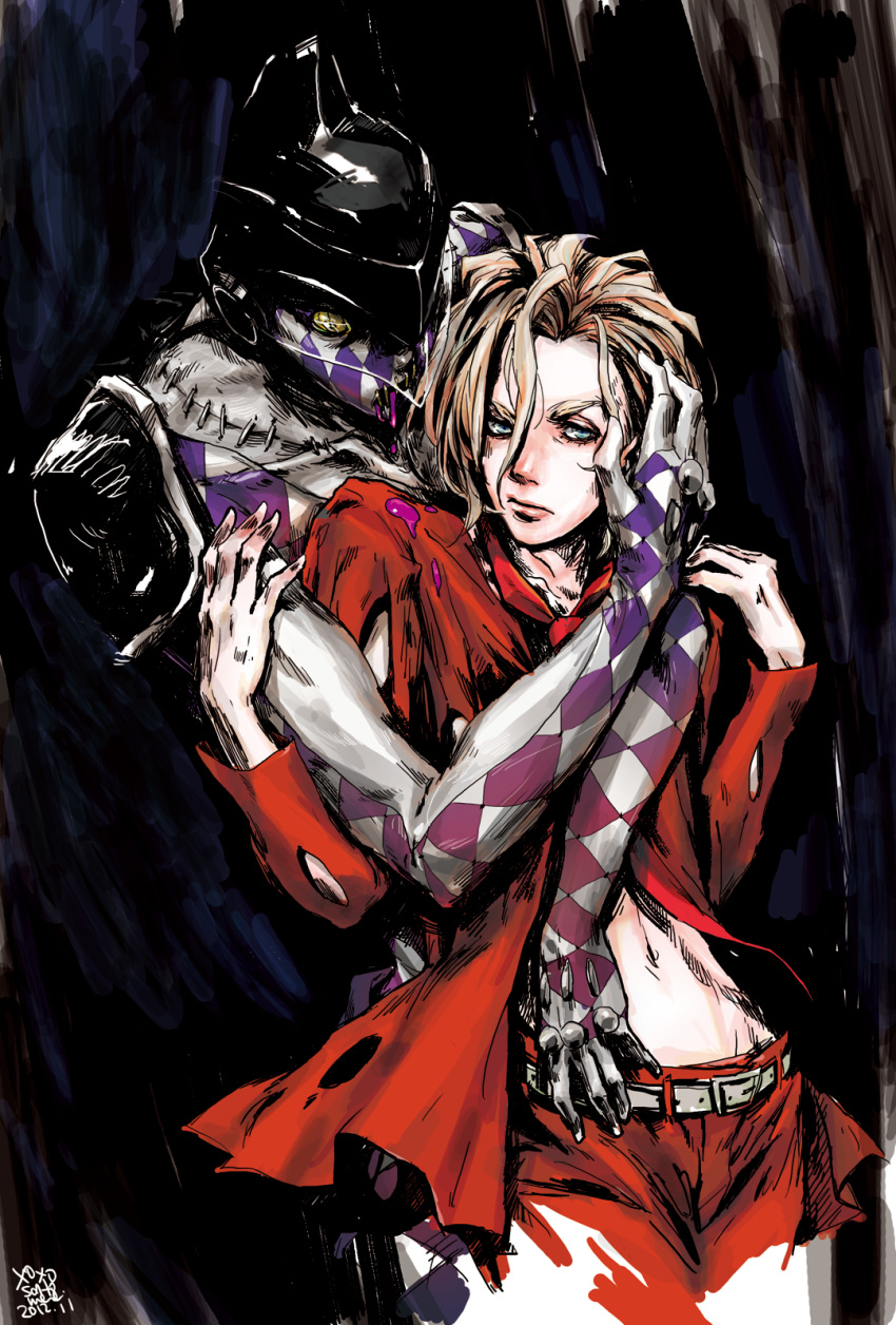 2boys, aviquaimots, blue_eyes, highres, jojo_no_kimyou_na_bouken, midriff, multiple_boys, pannacotta_fugo