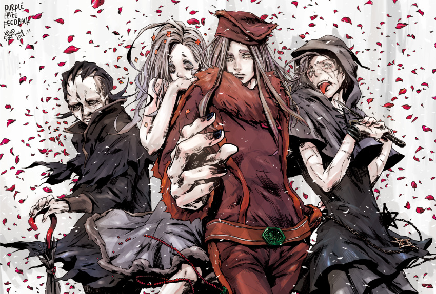 1girl, 3boys, angelica_attanasio, aviquaimots, black_hair, dolly_dagger, hood, jojo_no_kimyou_na_bouken