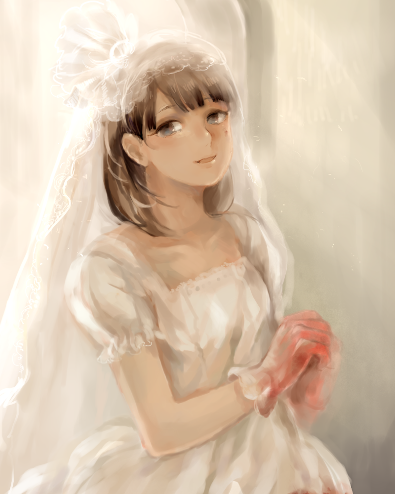 1girl, blood, blood_stain, blue_eyes, blush, brown_hair, dress, gloves