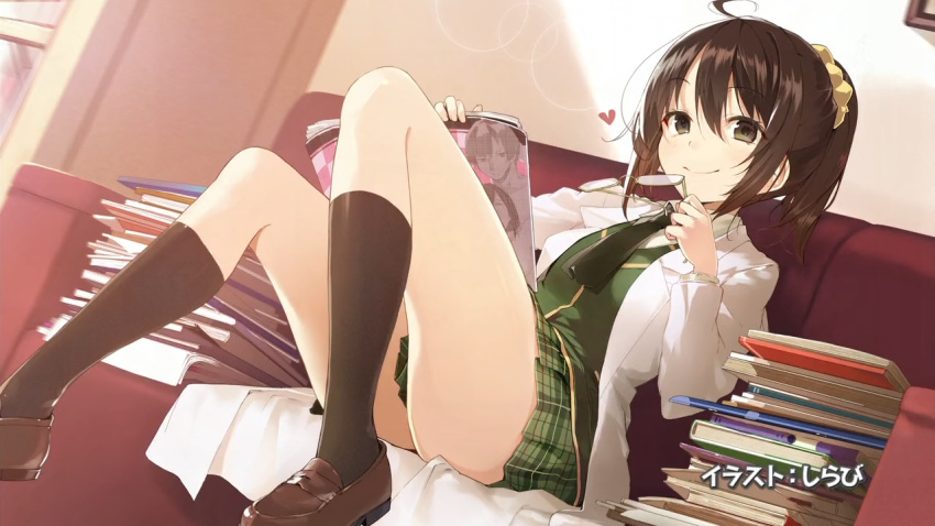 artist_name, black_legwear, boku_wa_tomodachi_ga_sukunai, book, brown_eyes, brown_hair, couch, eyecatch