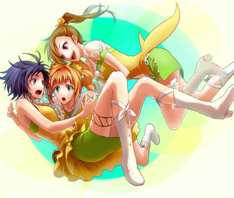 black_eyes, black_hair, blue_eyes, brown_eyes, brown_hair, floral_(idolmaster), futami_mami, idolmaster