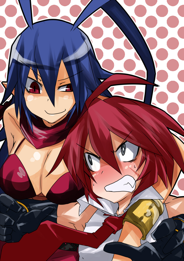 1boy, 1girl, adell, ahoge, antenna_hair, blue_hair, blush, breasts, cleavage, disgaea, gloves, grey_eyes, kamen_no_hito, laharl, laharl-chan, long_hair, necktie, red_eyes, red_hair, redhead, scarf, sleeveless, slit_pupils, smile, sweat