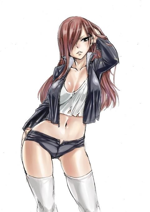 1girl, breasts, brown_eyes, camisole, casual, cleavage, earrings, erza_scarlet