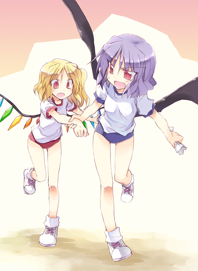 2girls, alternate_costume, bare_legs, bat_wings, blonde_hair, blush, borrowing_race, buruma