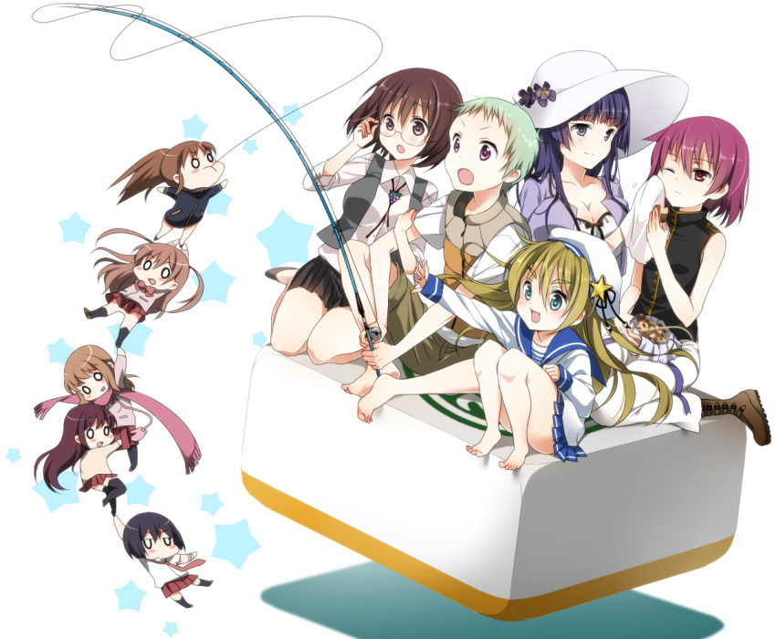 barefoot, blush, blush_stickers, brown_hair, cardigan, chibi, cookie, eating, fishing_rod, food, hat, hirose_sumire, long_hair, matano_seiko, matsumi_kuro, matsumi_yuu, miyanaga_teru, multiple_girls, necktie, no_panties, o_o, oohoshi_awai, ribbon, sagimori_arata, saki, saki_achiga-hen, scarf, shibuya_takami, sun_hat, takakamo_shizuno, thigh-highs, thighhighs, tplilac, track_jacket, vest, white