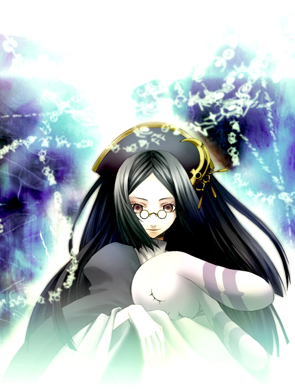 ar_tonelico_ii, black_hair, brown_eyes, bunny, dress, glasses, gust, hair_ornament