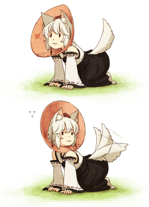 1girl, :3, all_fours, animal_ears, detached_sleeves, elizabethan_collar, flying_sweatdrops, hat, inubashiri_momiji, short_hair, solo, tail, tail_wagging, tears, tokin_hat, touhou, urin, white_hair, wolf_ears, wolf_tail