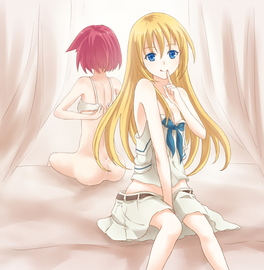 2girls, ass, blonde_hair, bottomless, curtains, highres, leikangmin, long_hair