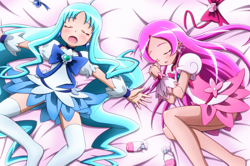 2girls, :o, absurdres, alternate_hairstyle, barefoot, blue_hair, bow, brooch