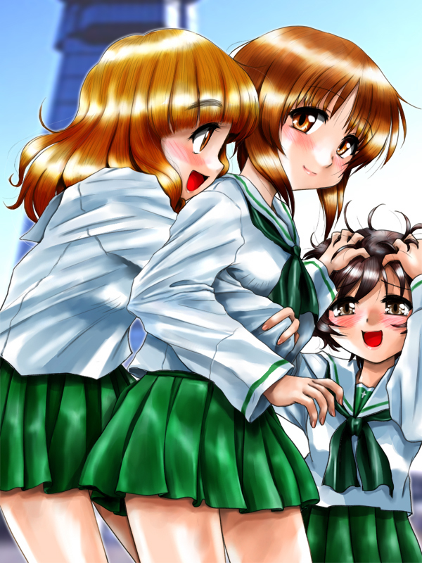3girls, akiyama_yukari, atchy, blush, brown_hair, d2s_rolling, girls_und_panzer, hug, long_hair, multiple_girls, nishizumi_miho, short_hair, smile, takebe_saori