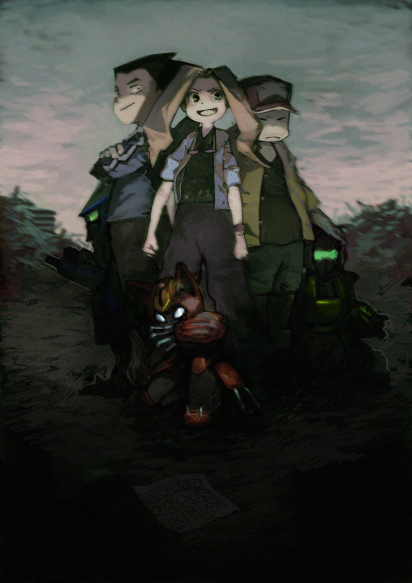 1girl, 2boys, baseball_cap, black_hair, brown_hair, cloudy_sky, crossed_arms, cyandog, fang, frown, green_eyes, hat, highres, iwanoi, junkyard, kagamiyama, kiethturtle, kikuhime, kneeling, medarots, multiple_boys, paper, pepper_cat, robot, sunglasses, sunglasses_around_neck, takeyuki15, watch, wristwatch