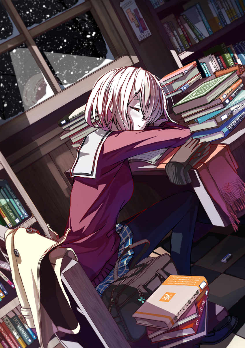 108tooya, 1girl, bag, blue_legwear, book, bookshelf, chair, dutch_angle