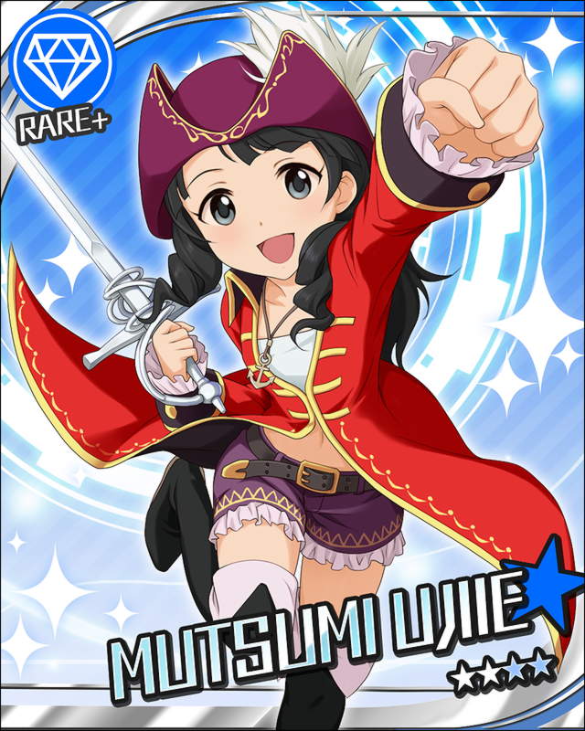1girl, anchor, belt, black_hair, blue_background, boots, character_name, cosplay