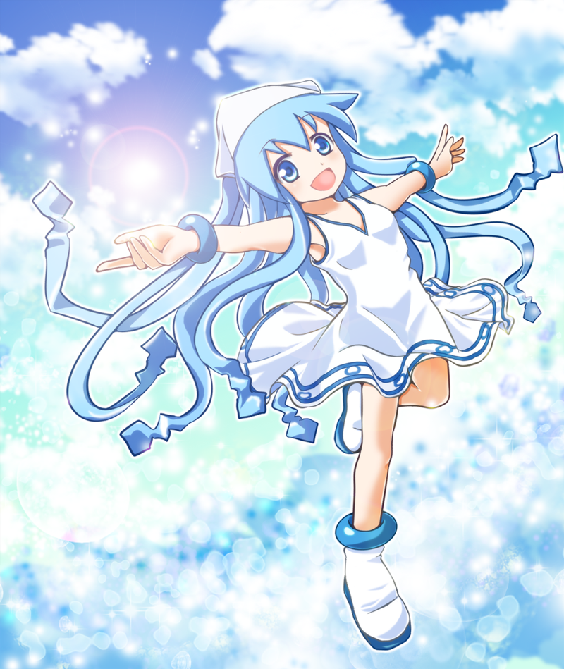1girl, :d, blue_eyes, blue_hair, dress, hat, ikamusume, long_hair, open_mouth, outstretched_arms, shinryaku!_ikamusume, smile, spread_arms, tentacle_hair, tsukiori_sasa