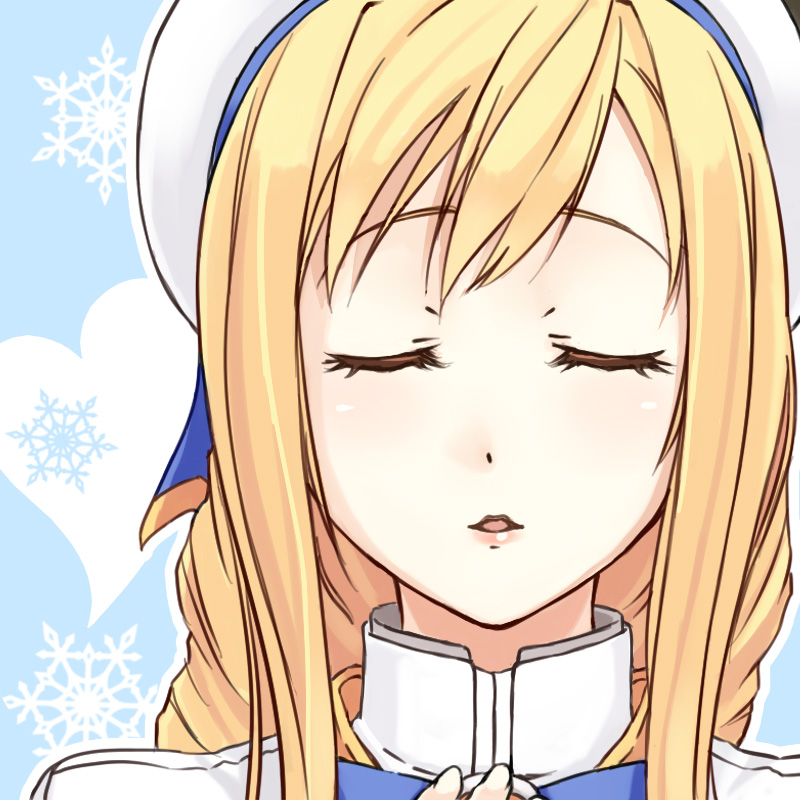 1girl, alicia_florence, aria, beret, blonde_hair, close-up, closed_eyes, eyes_closed, getsumen, hand_on_own_chest, hat, incipient_kiss, sidelocks, snowflakes, solo