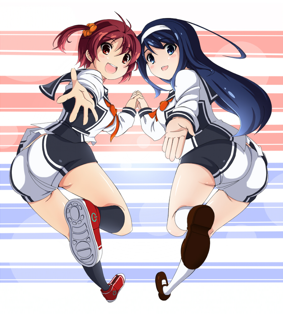 2girls, brown_eyes, brown_hair, futaba_aoi_(vividred_operation), isshiki_akane, long_hair, multiple_girls, school_uniform