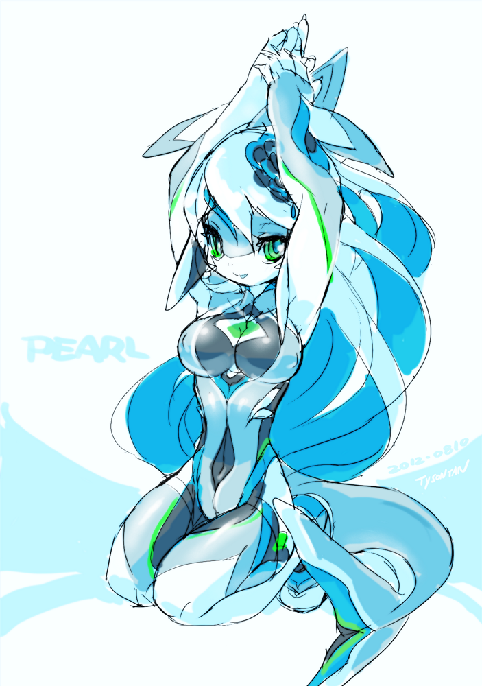 1girl, 2012, android, aqua_hair, arms_up, breasts, character_name, erect_nipples, extvia, green_eyes, kneeling, long_hair, original, rough, shark_girl, signature, solo, therianthrope, very_long_hair