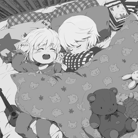 androgynous, blanket, book, child, furutachirikonbu, guitar, instrument, lowres, monochrome, open_mouth, pajamas, pillow, pillow_hug, short_hair, siblings, sleeping, stuffed_animal, stuffed_bunny, stuffed_toy, teddy_bear, turtle, umineko_no_naku_koro_ni, ushiromiya_jessica, ushiromiya_lion, young