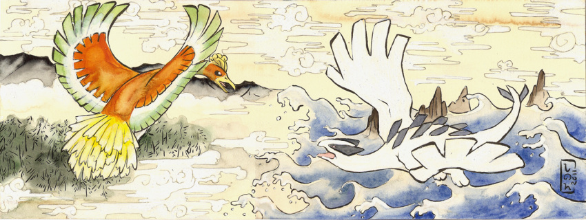 cloud, clouds, eye_contact, fine_art_parody, flying, ho-oh, looking_at_another, lugia