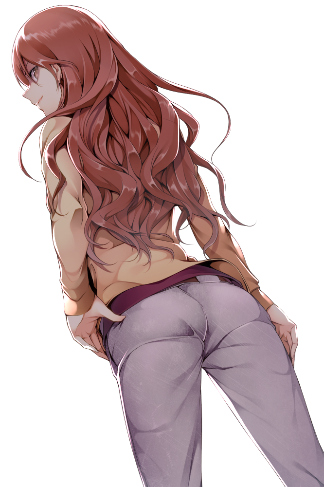 ass, brown_eyes, brown_hair, from_behind, long_hair, mahaya, mugino_shizuri, pants, simple_background, solo, to_aru_kagaku_no_railgun, to_aru_majutsu_no_index, white_background