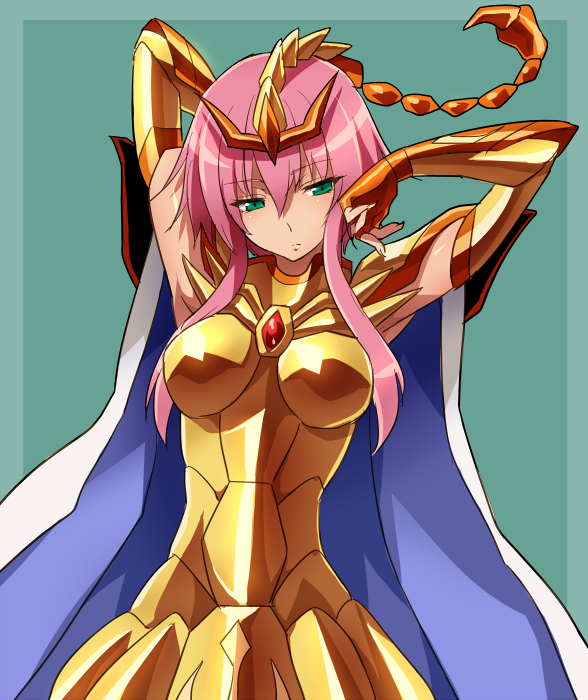 1girl, arai_nobu, armor, cape, green_background, green_eyes, hornet_sonia, long_hair, pink_hair, saint_seiya, saint_seiya_omega, scorpio_sonia, solo, spoilers