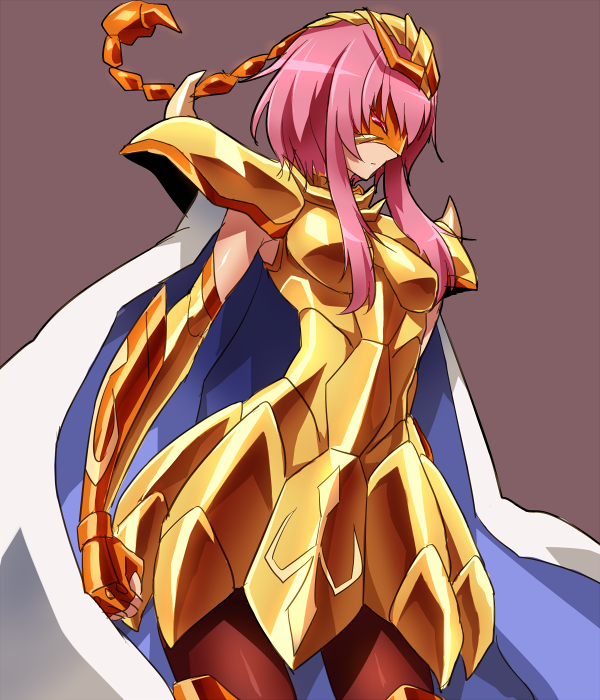 1girl, arai_nobu, armor, brown_background, cape, hornet_sonia, long_hair, mask