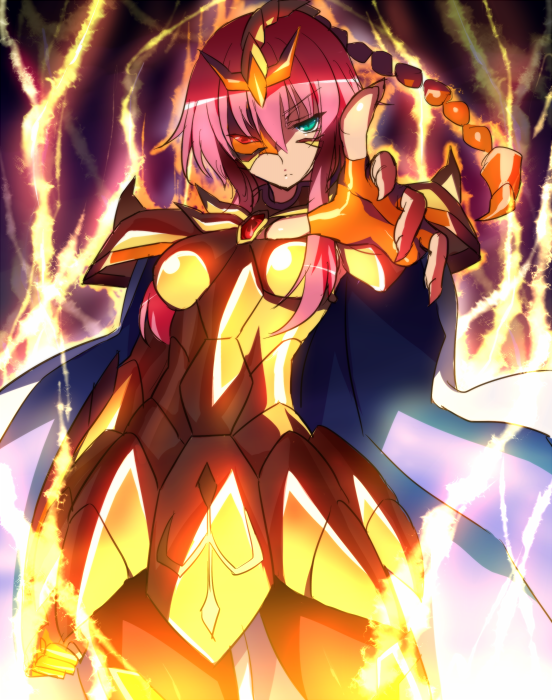 1girl, arai_nobu, armor, cape, female, green_eyes, hornet_sonia, long_hair