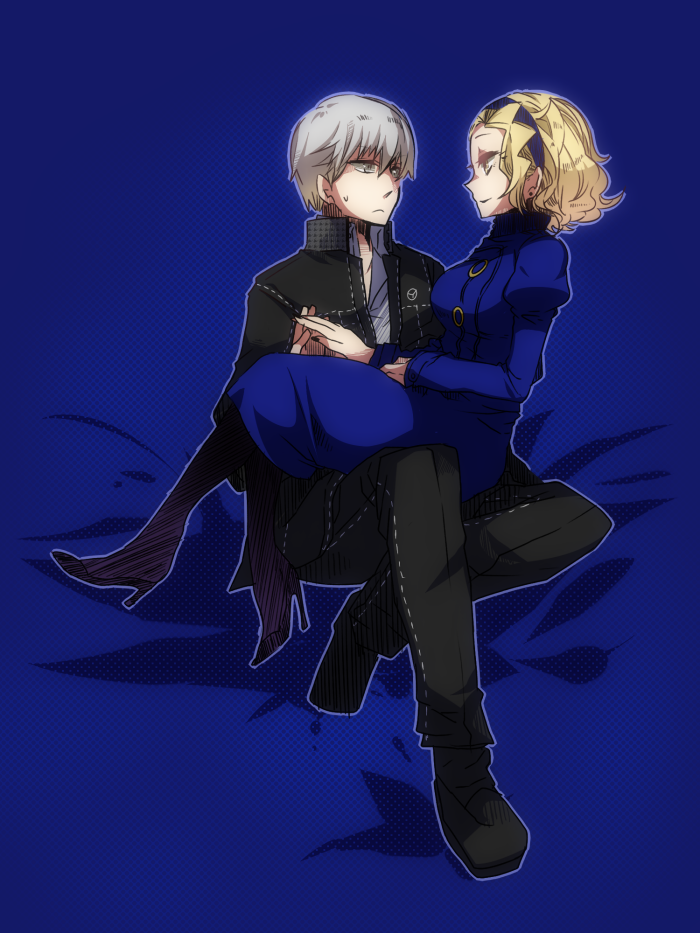 1boy, 1girl, blonde_hair, carrying, full_body, gakuran, grey_eyes, grey_hair
