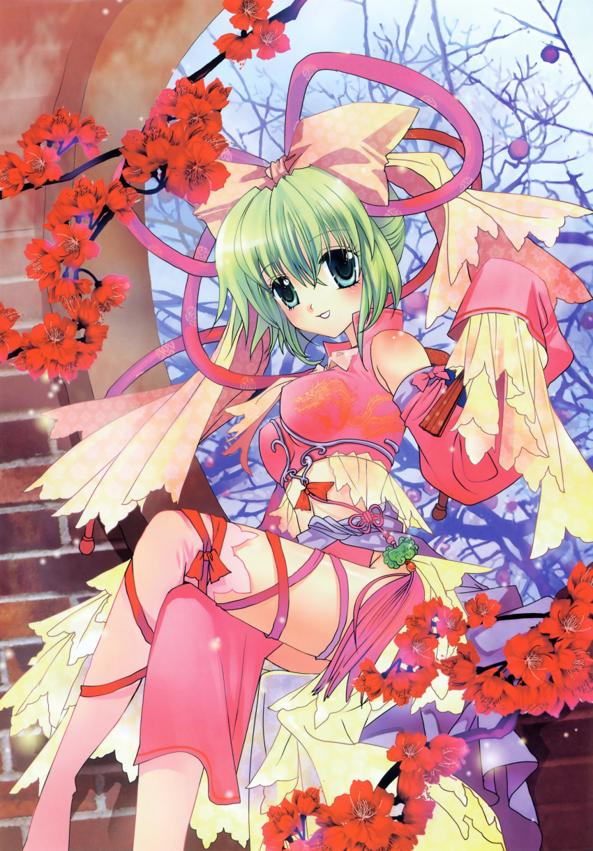 artist_request, chinadress, chinese_clothes, detached_sleeves, fan, flower, green_hair, greenwood