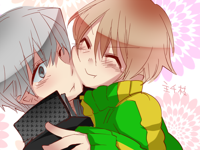 1boy, 1girl, :t, blush, brown_hair, cheek-to-cheek, couple, gakuran, grey_eyes, grey_hair, hug, narukami_yuu, onoe_junki, persona, persona_4, satonaka_chie, school_uniform, short_hair, smile, track_jacket