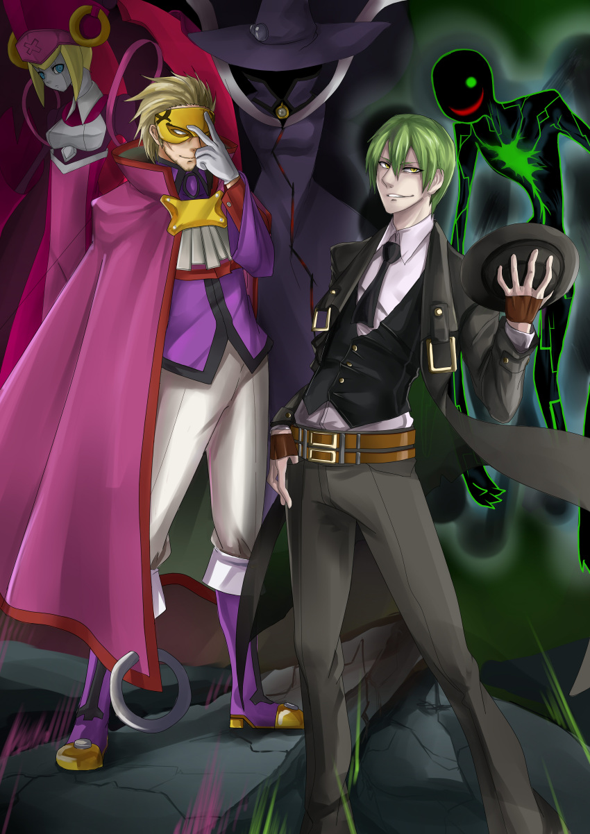 2boys, absurdres, android, blazblue, blonde_hair, blue_eyes, boots, cape