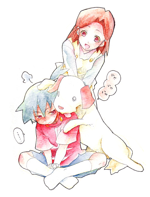 ..., 1boy, 1girl, apron, brown_eyes, brown_hair, dog, family, heavy_breathing, indian_style, keigetu, leaning_forward, medarots, mother_and_son, ponytail, salty_(medarots), shorts, simple_background, sitting, socks, tenryou_chidori, tenryou_ikki, traditional_media, v_arms, watch, white_background, wristwatch