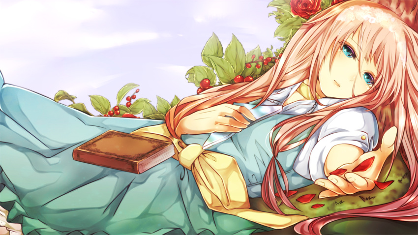 book, dress, ia, ia_(vocaloid), lying, outstretched_arm, pecotank, petals